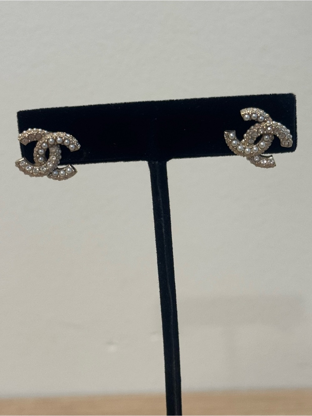 Chanel Gold Pearl & rhinestone Double C Stud Earrings